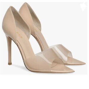 FOWT Nude Bi-Material Slip on D'Orsay Heeled Sandals Pointed Toe Two Tone Shoes